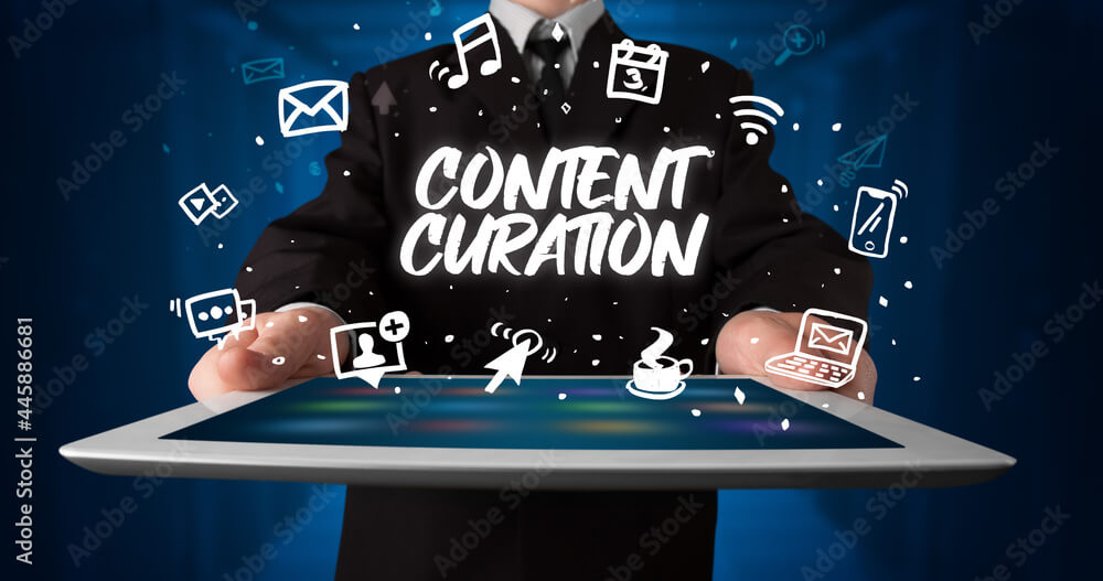 Person holding tablet, content curation concept