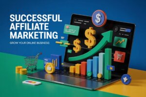 a laptop with colorful affiliate marketing profits graphics and icons