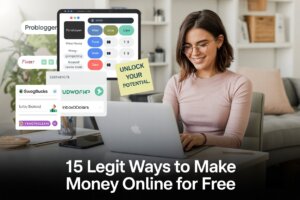 a woman sitting at a desk with a laptop and 15 Legit Ways to Make Money Online for Free as a Beginner