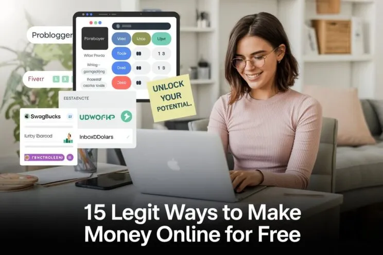 a woman sitting at a desk with a laptop and 15 Legit Ways to Make Money Online for Free as a Beginner