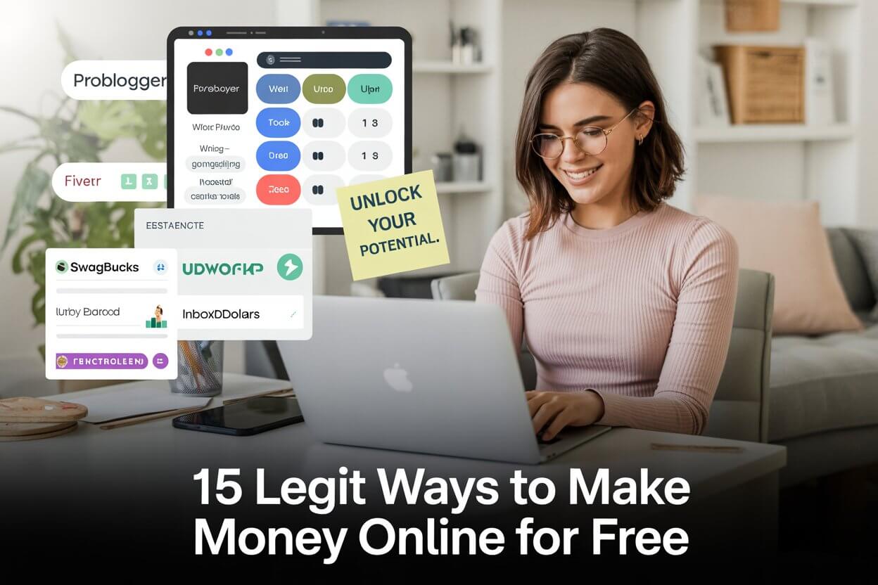 a woman sitting at a desk with a laptop and 15 Legit Ways to Make Money Online for Free as a Beginner